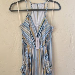 strap pocket dress blue yellow white open back